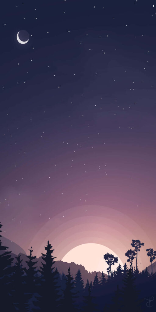 Serene Minimalist Sunrise Wallpaper: Forest, Moon & Stars Background