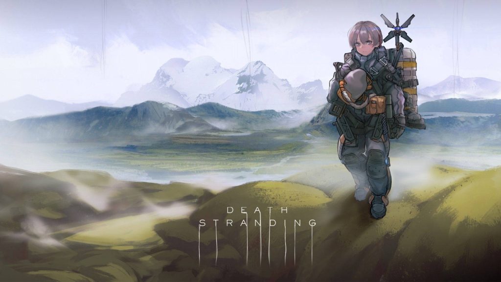 Female Porter with Odradek and BB pod in misty Death Stranding anime post-apocalyptic landscape wallpaper