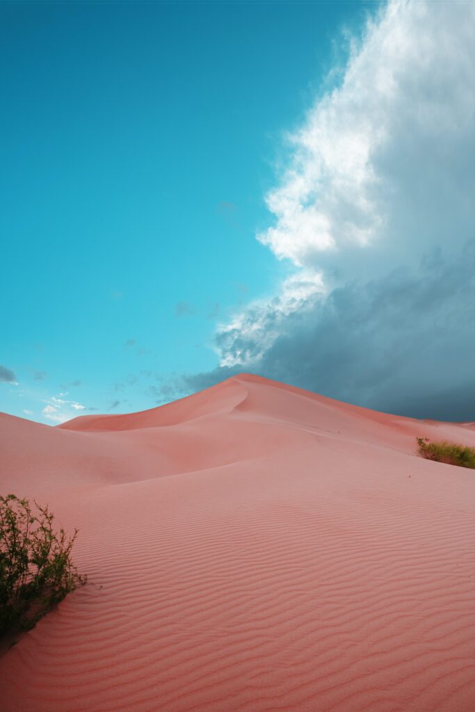 Desert dunes with textured sand ripples and green bushes under vibrant blue sky with clouds Wallpaper