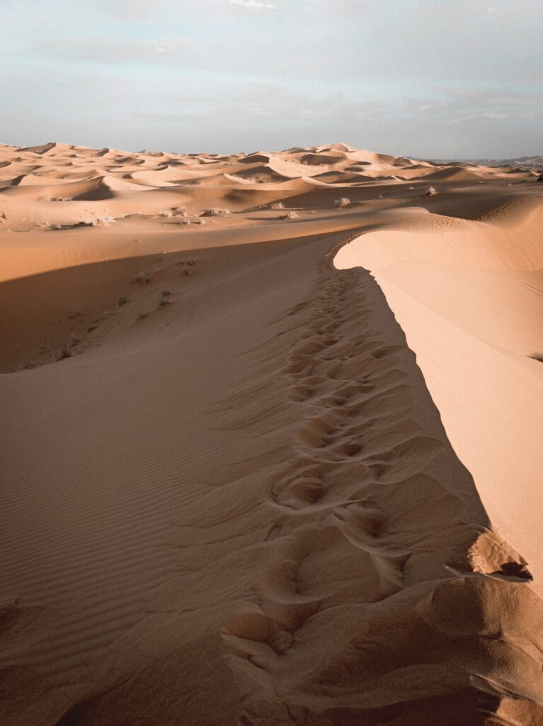 Serene desert wallpaper with rolling sand dunes in warm golden tones under pale blue sky