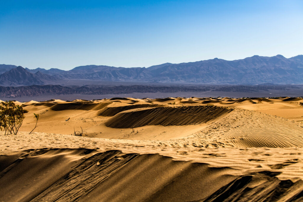 Vast desert landscape with golden sand dunes rocks and rugged mountains under clear blue sky wallpaper