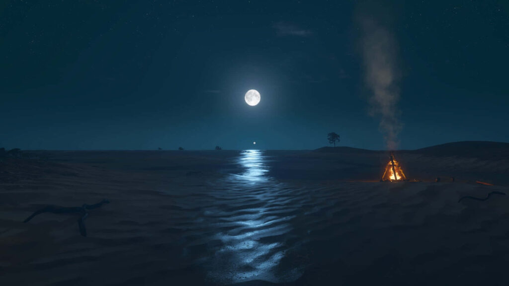 Serene Desert Night Wallpaper: Full Moon & Campfire Glow