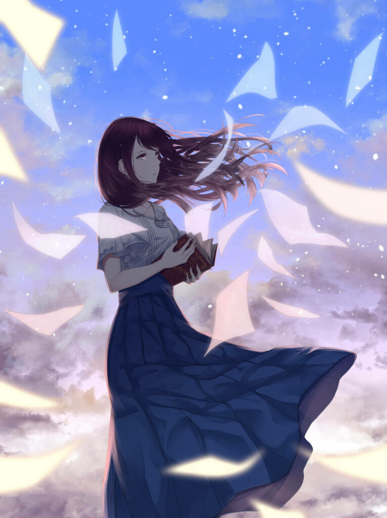 Whispers of the Heart: Captivating Anime Artwork of a Melancholic Girl Surrounded by Ethereal Book Pages Wallpaper