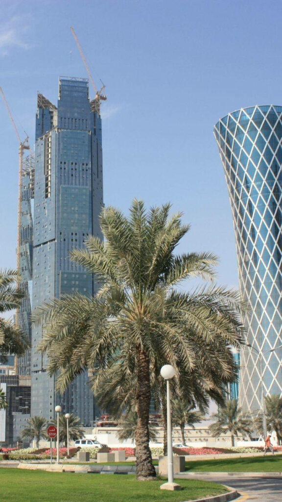 Serene Doha Wallpaper: Palm Tree & Modern Skyline in Clear Blue Sky