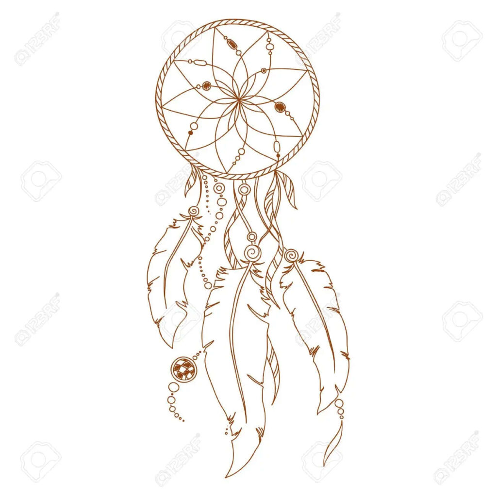 Delicate dream catcher with intricate woven patterns and soft brown feathers on white background Wallpaper