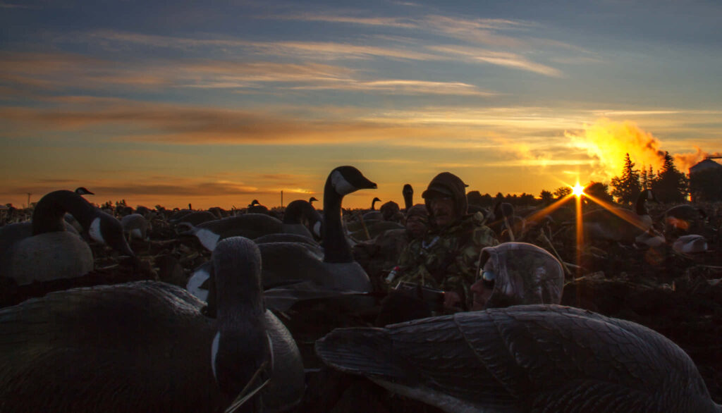 Serene Duck Hunting Sunset Wallpaper: Silhouetted Hunters & Decoys