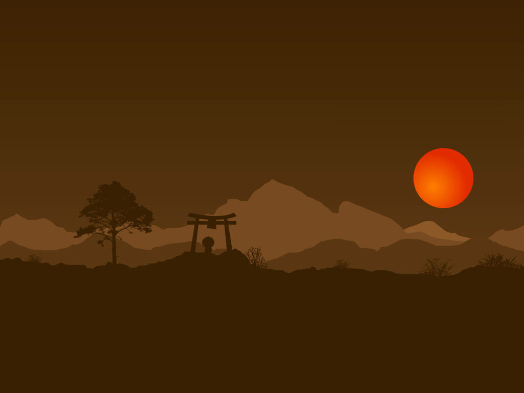 Serene Eastern Landscape iPad Wallpaper with Torii Gate & Sunset