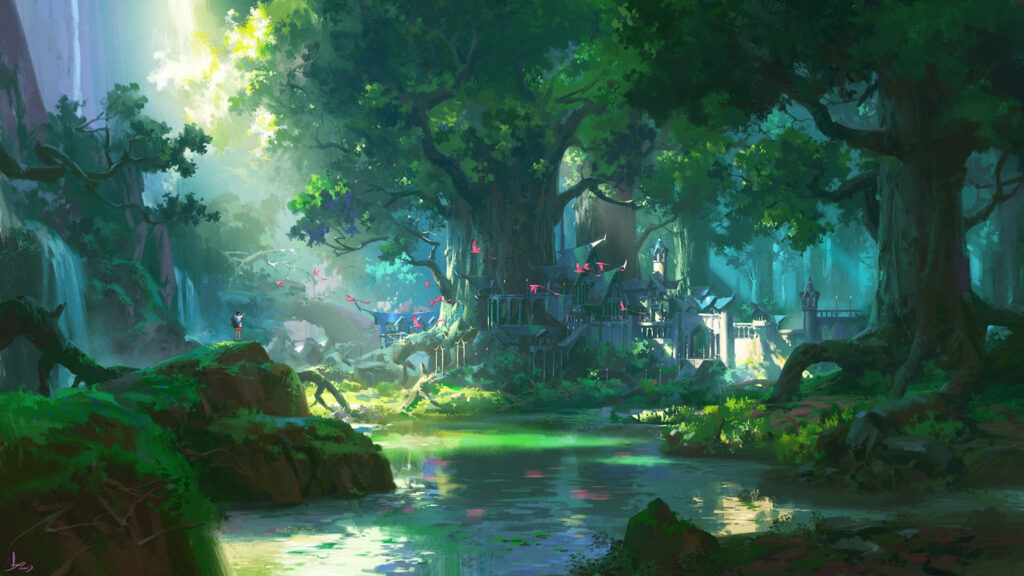 A Serene Sanctuary: Captivating 4k Anime Wallpaper Featuring Tranquil Green Woods and Delicate Ivory Walls