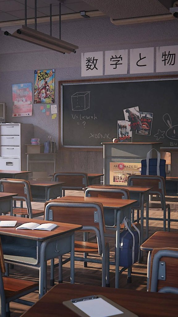 Serene empty anime classroom with wooden desks chalkboard math formulas and Godzilla posters wallpaper
