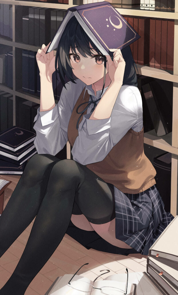 Cozy Anime Wallpaper: Eru Chitanda in a Library Setting