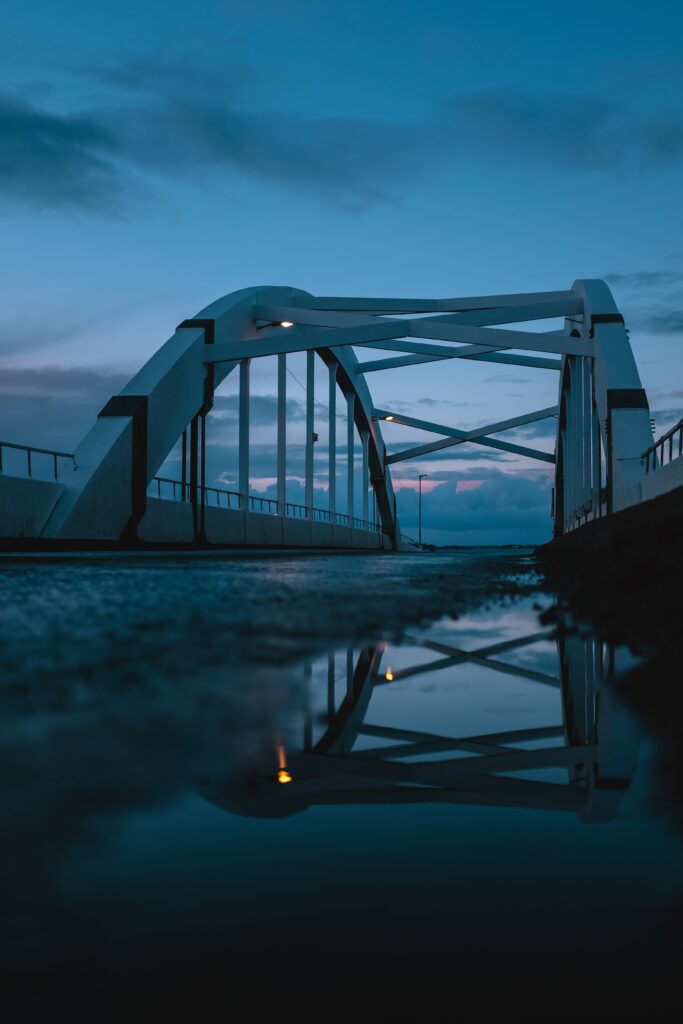 Serene Evening Bridge Reflection Wallpaper Background in Twilight