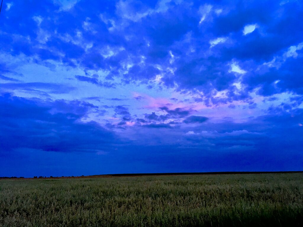 Vast open field under dramatic evening sky with textured clouds in deep blue and purple hues Wallpaper