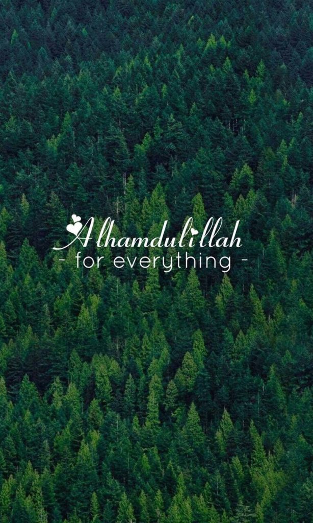 Evergreen forest wallpaper with white Alhamdulillah script and hearts for spiritual calm