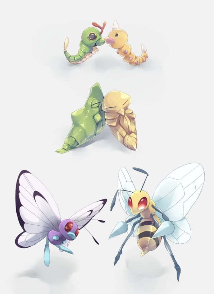Serene Evolution Wallpaper: Weedle, Kakuna & Beedrill in Nature
