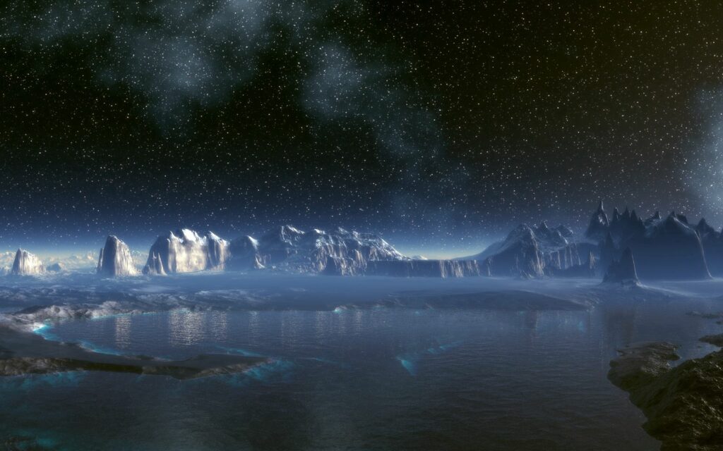 Serene Extraterrestrial Landscape Wallpaper: Tranquil Lake & Starry Sky