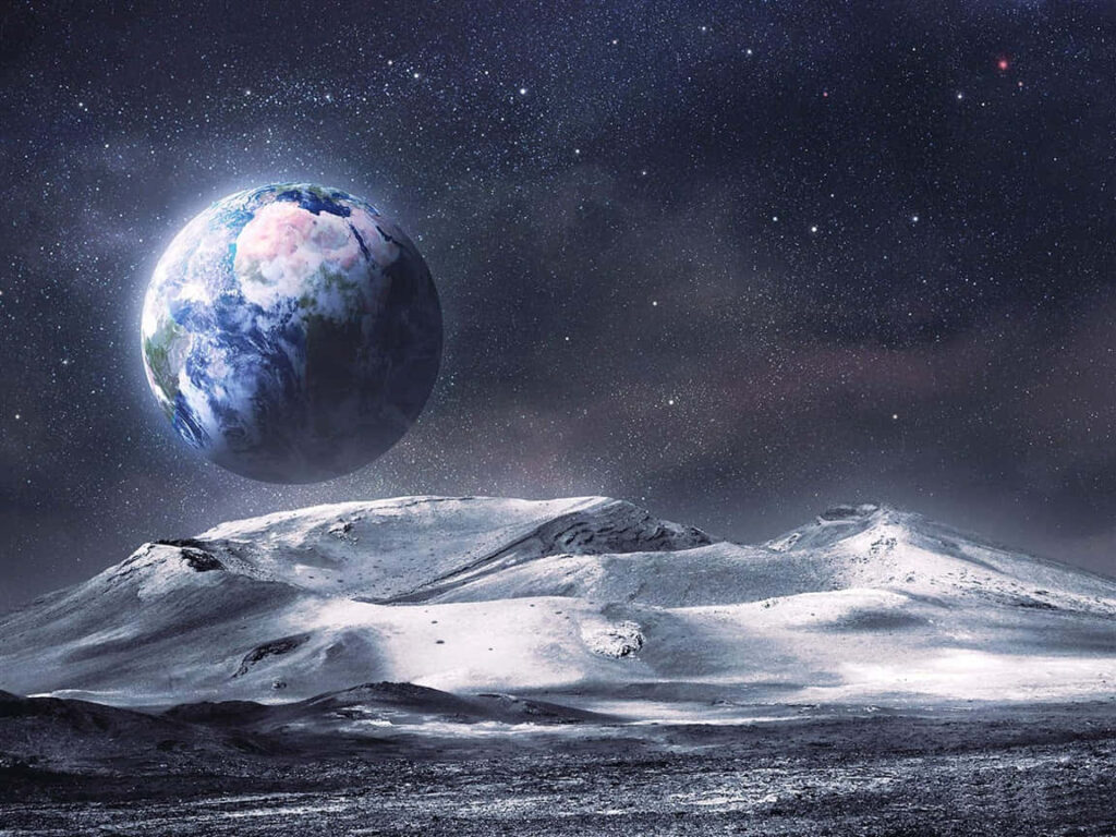 Serene extraterrestrial landscape wallpaper with Earth and shimmering stars in cosmic skies.