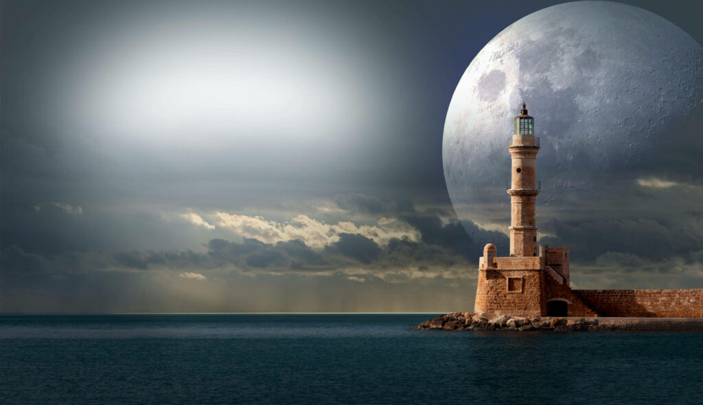 Serene Fantasy Wallpaper: Lighthouse, Moon & Dramatic Clouds