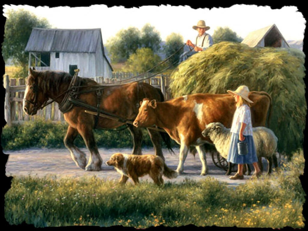 Serene Farm Scene: Horse, Animals, Child & Barn in Lush Landscape Wallpaper