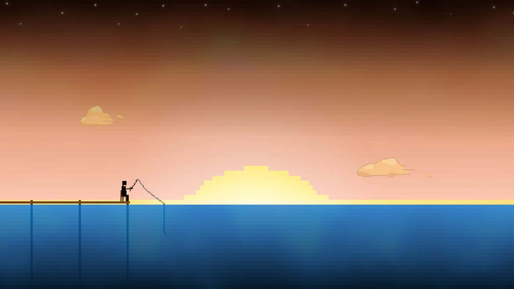 Serene Pixelated Sunset Fishing Wallpaper: Retro Aesthetic Background