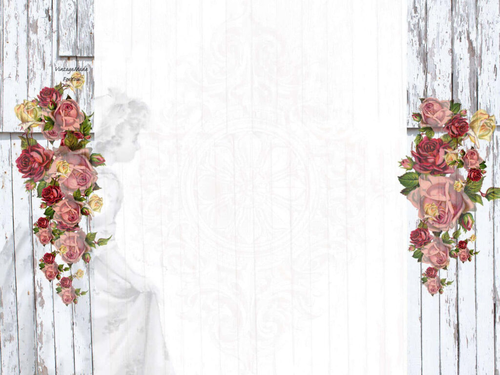 Serene Floral Wallpaper with Cascading Roses on Rustic Wood Background