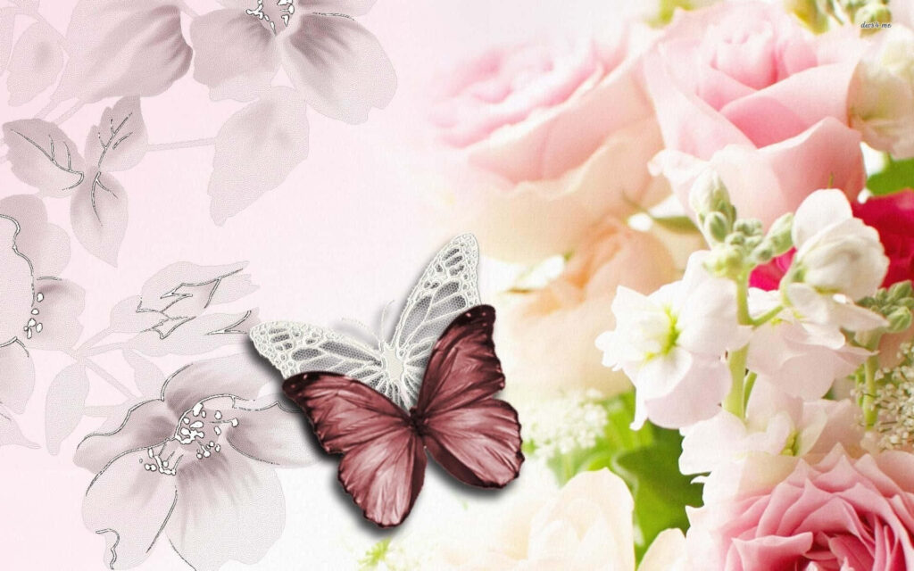 Serene Floral Wallpaper with Soft Flowers & Abstract Butterfly