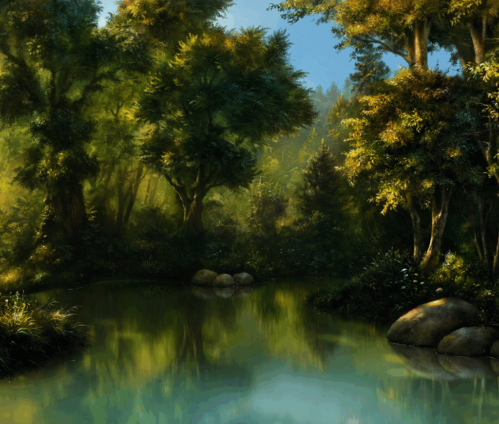 Serene forest landscape wallpaper with lush green trees reflected in calm pond under soft light