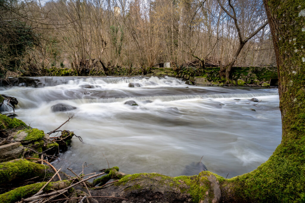 Silky river flowing over mossy rocks with bare trees in a tranquil forest landscape wallpaper