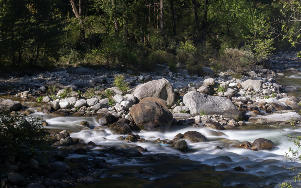 Serene landscape wallpaper with gentle stream over stones and lush green trees in soft light