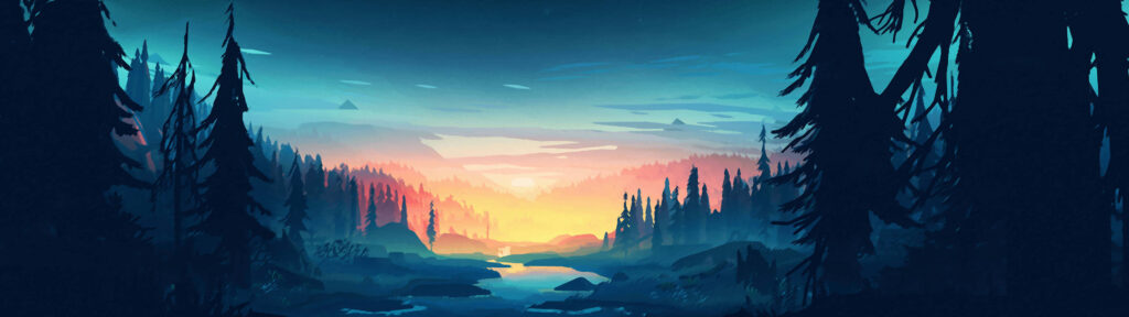 Serene Forest Wallpaper: Towering Trees & Tranquil River at Sunset