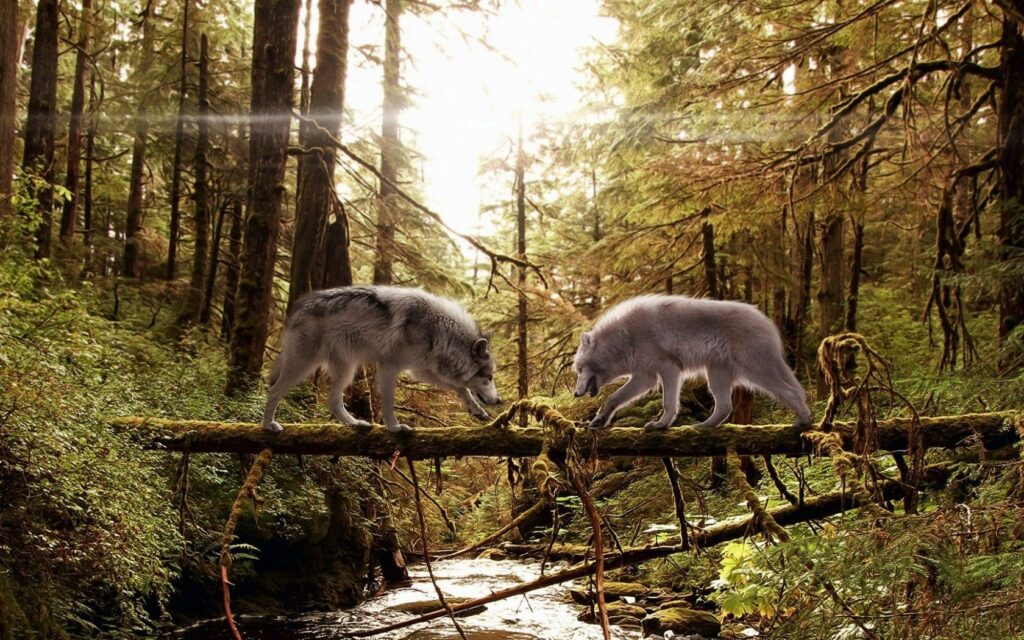 Serene Wolf Forest Wallpaper: Lush Greenery & Sunlit Beauty