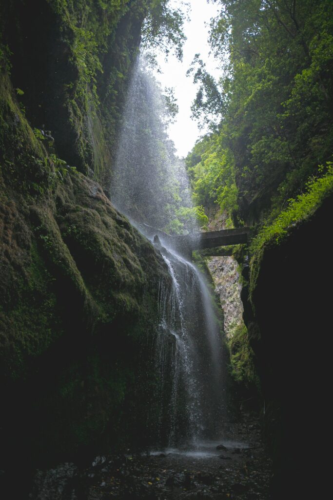 Tranquil waterfall over mossy rocks in lush green forest with sunlight and mist background Wallpaper