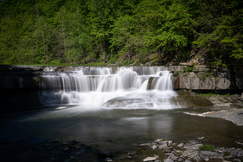 Serene forest waterfall cascading into clear stream surrounded by lush green trees and stones Wallpaper