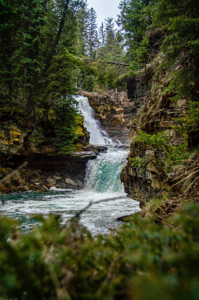 Waterfall cascading over mossy rocks surrounded by dense green trees in serene forest landscape Wallpaper