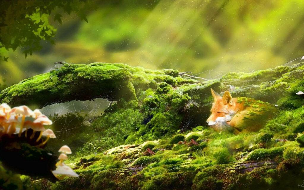 Serene Fox on Lush Moss: Calming Nature Wallpaper for Desktop