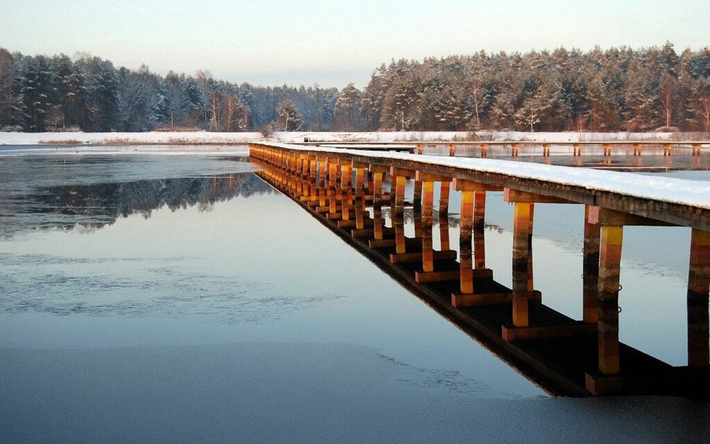 Frosty wooden pier over icy water with snow-covered trees under soft golden winter light wallpaper