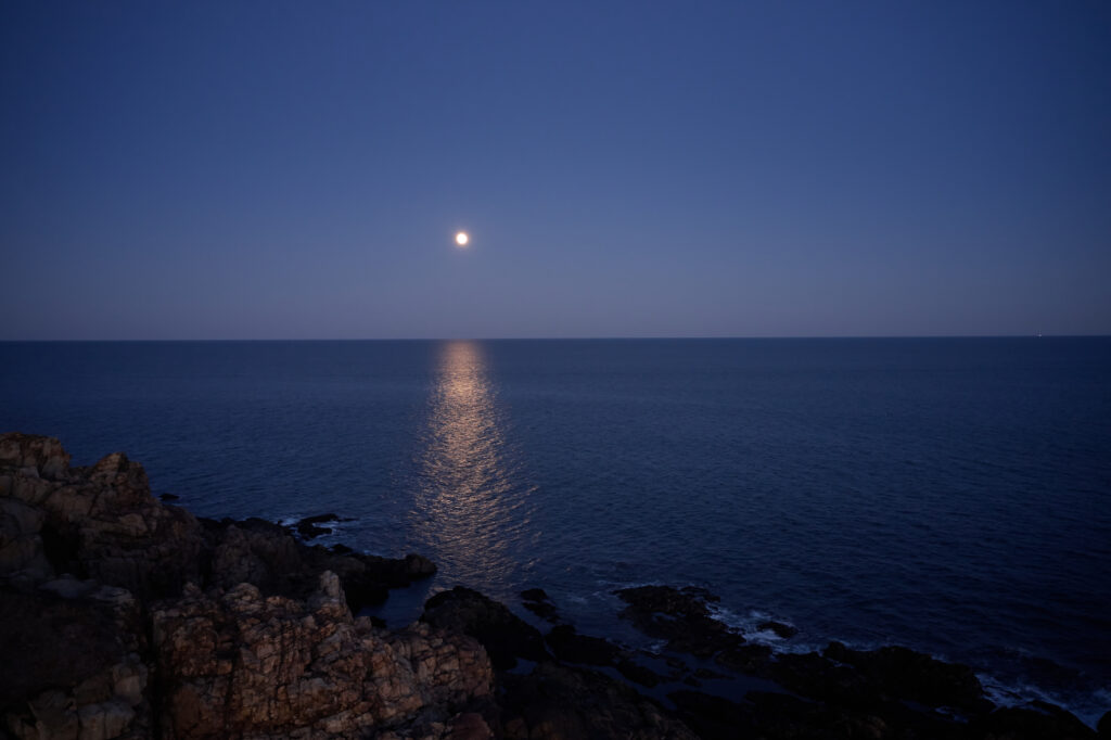 Serene night sea with full moon reflecting on calm water and rocky coastline in soft blue tones Wallpaper