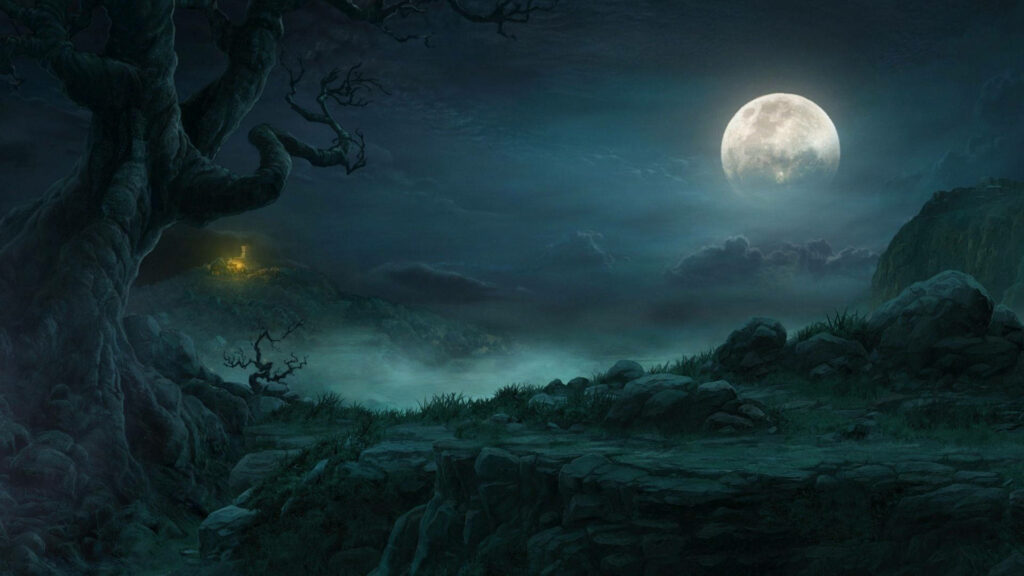 Serene Wallpaper: Luminous Full Moon Over Misty Landscape