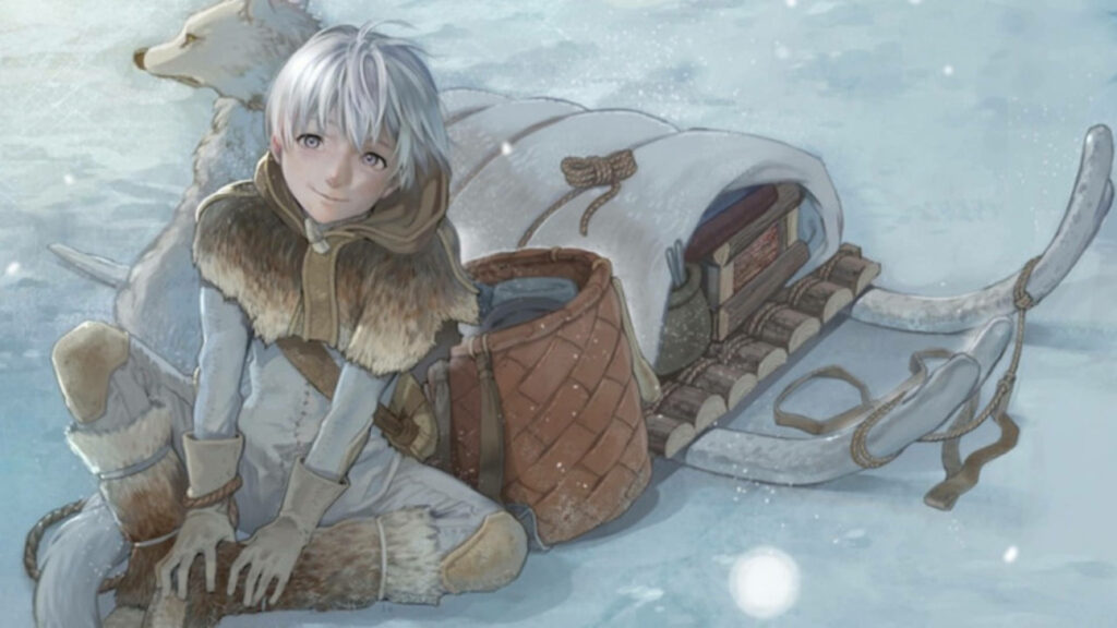 Serene Fushi Wallpaper: Calm Snow Scene with White Wolf & Sled