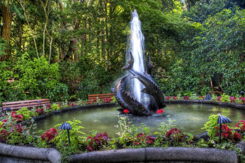 Decorative fountain with sculpted fishes in lush garden surrounded by benches and greenery wallpaper