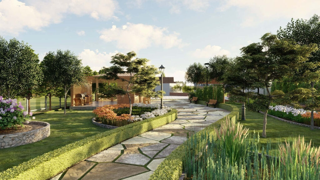 Serene Garden Pathway with Gazebo: Lush Greenery & Flowers Wallpaper