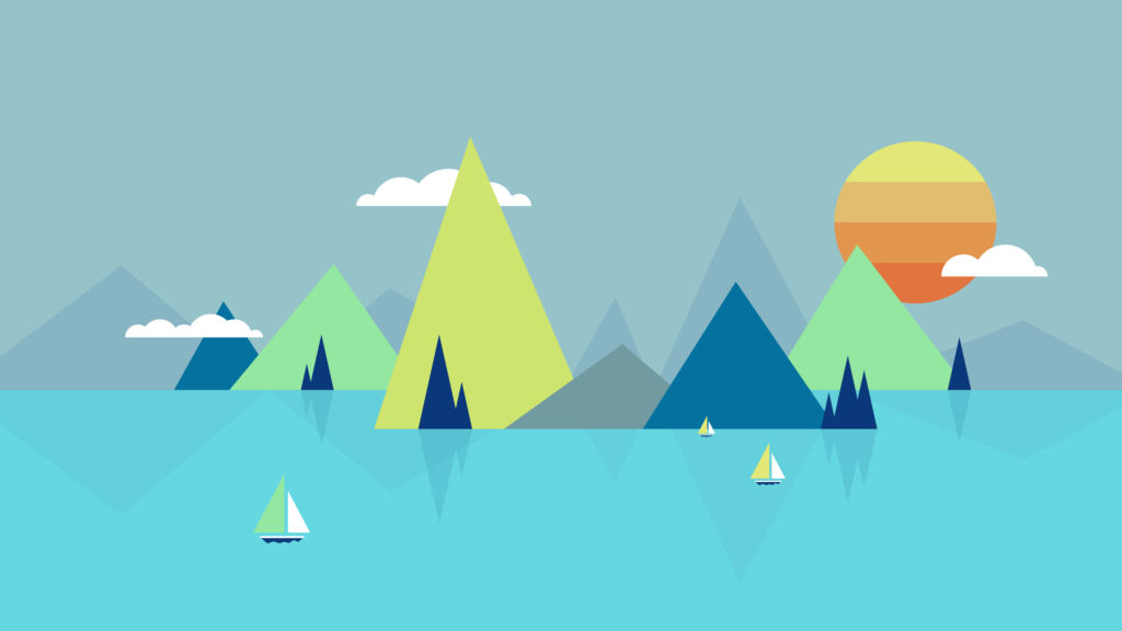 Tranquil Geometric Mountain Wallpaper: Sunset, Sailboats & Serenity