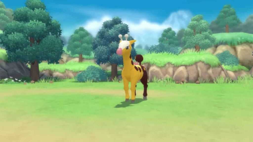 Serene Sunlit Meadow with Girafarig in Tranquil Nature Background Wallpaper