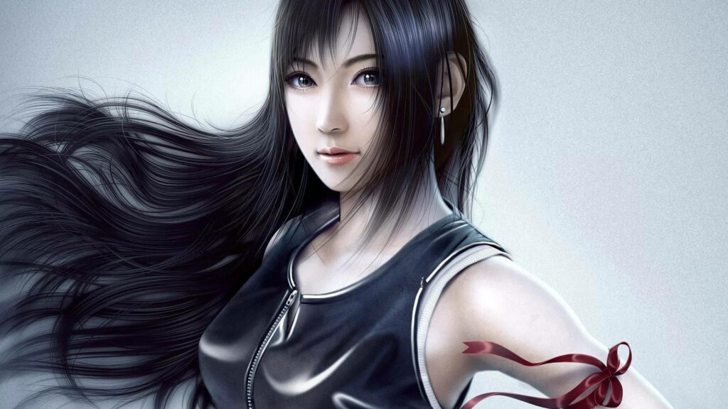 Elegant Girl with Black Hair & Red Ribbon - Captivating Wallpaper