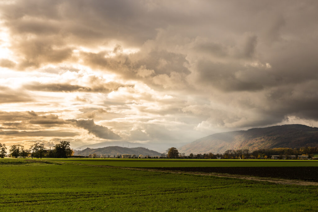 Serene landscape wallpaper with lush green fields foggy mountains and soft sunlight breaking clouds