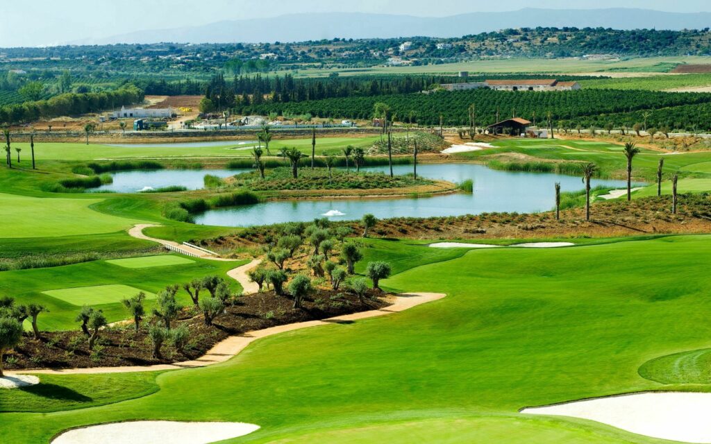 Lush green golf course with palm trees water features city skyline and rolling hills background Wallpaper