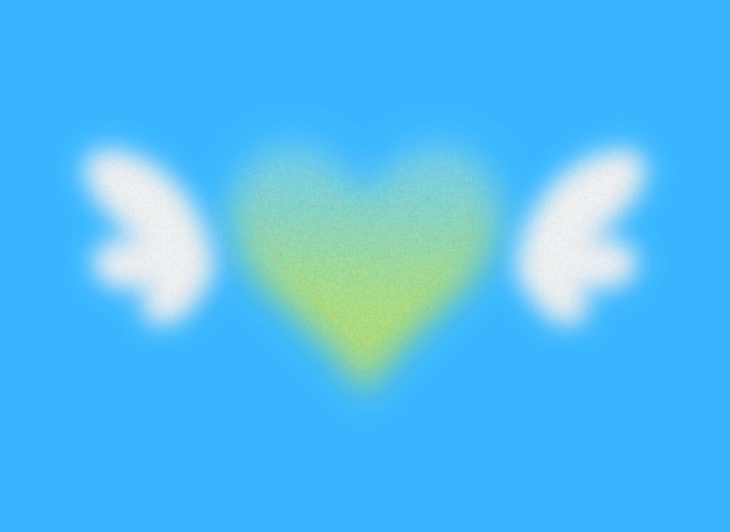 Serene Green Heart Wallpaper with Soft Wings on Calming Blue Background