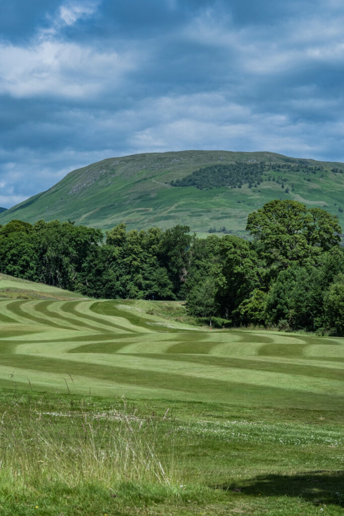 Rolling green hills with mowed patterns and lush trees under a partly cloudy blue sky wallpaper