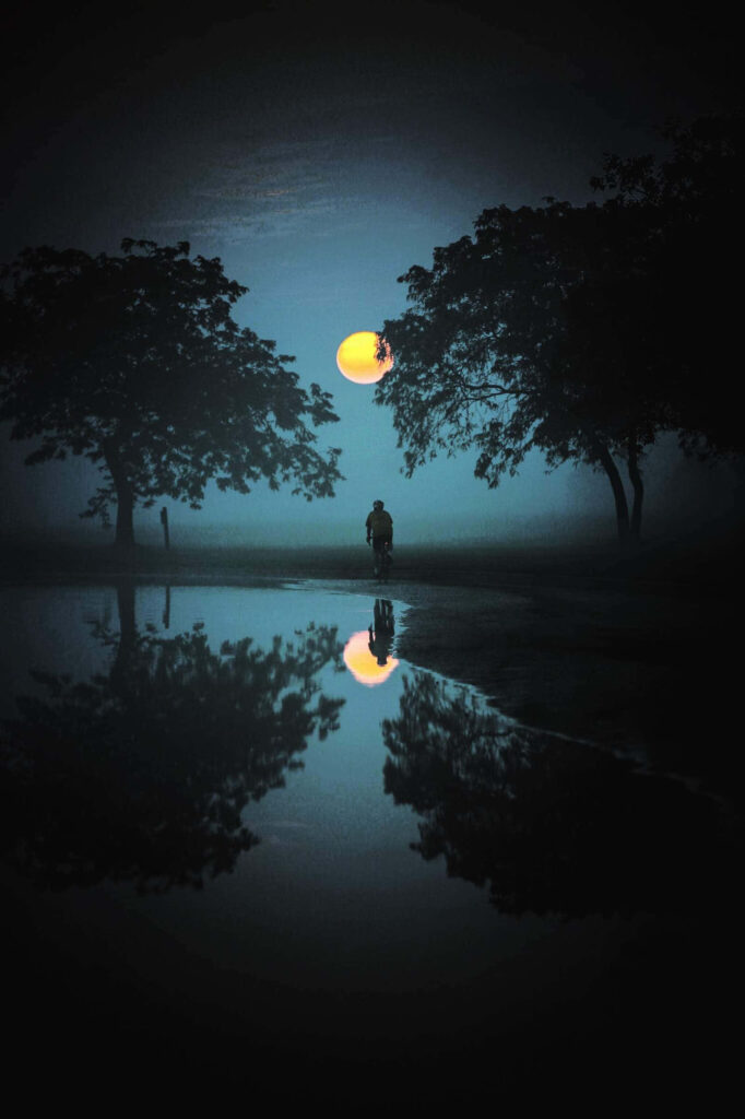 Serene HD OLED Wallpaper: Glowing Moon & Silhouetted Trees