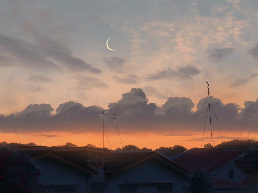 Tranquil Sunset Scene with Crescent Moon - Serene HD Wallpaper