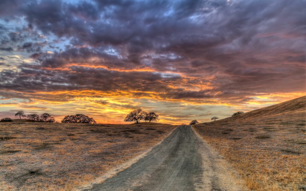 Serene rural field with golden grass dirt path under vibrant HDR sunset sky of orange purple blue Wallpaper